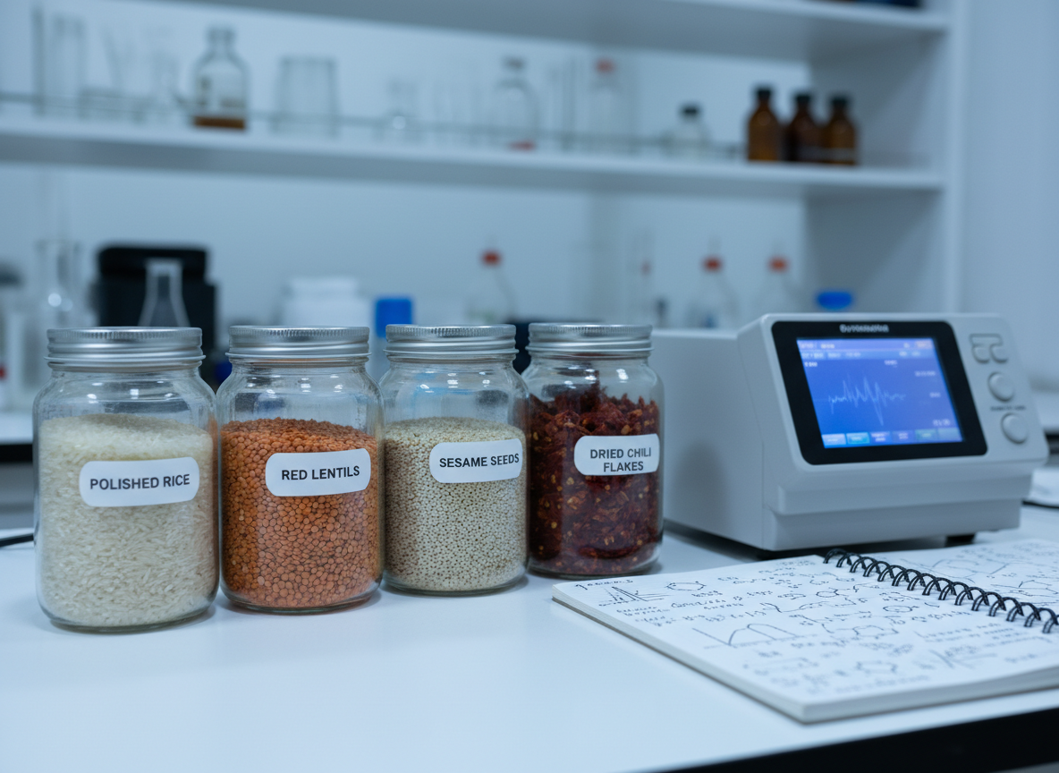 A close-up, photographic image of a set of labeled glass jars containing raw agricultural ingredients common in Myanmar—polished rice grains, red lentils, sesame seeds, and dried chili flakes—arranged in a tidy row on a smooth white laboratory countertop. Beside them sits a compact, modern spectrophotometer with an illuminated display, and a notebook open to sketched graphs and chemical structures rendered as non-legible markings. Cool, diffused artificial lighting highlights the textures of the grains and the clarity of the glass. Shot at eye level with shallow depth of field, the background fades into a soft blur of additional lab shelving. The mood is curious and innovative, focused on research and quality analysis.