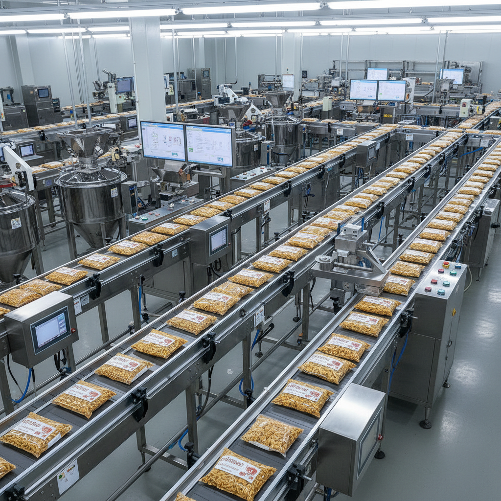 An overhead photographic view of a modern food processing line where neatly aligned transparent conveyor belts carry packaged dried noodles and snack products made from Myanmar grains. Stainless steel machinery, digital control panels with softly glowing indicator lights, and sealed mixing tanks form an orderly grid. Bright, diffused factory lighting from ceiling panels eliminates harsh shadows, creating a clean, hygienic atmosphere. The composition uses leading lines from the conveyors to draw the eye through the frame, with sharp focus across the scene. The mood is efficient and forward-looking, emphasizing safe, standardized food production and professional industry collaboration.
