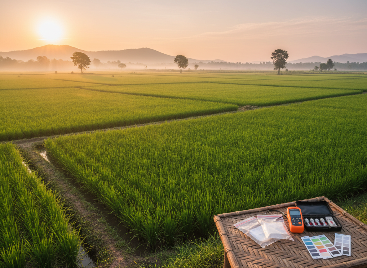 A serene, high-resolution landscape of a Myanmar rice paddy at dawn, with narrow earthen pathways dividing vivid green fields leading toward distant low hills. In the foreground, a small, portable testing kit rests on a woven bamboo mat: sealed sample bags, a compact water quality meter, and color-strip test cards arranged neatly. Soft golden morning light casts long, gentle shadows across the fields and creates a warm glow on the equipment, suggesting early-stage data collection. Photographic realism, composed using the rule of thirds to balance the expansive field and the close-up toolkit. The mood is hopeful and sustainable, highlighting the connection between primary production and scientific monitoring for food safety.