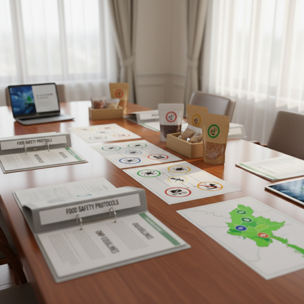 A polished wooden conference table in a bright training room, covered with open binders of food safety protocols, laminated HACCP flowcharts, and sample food product packaging labeled with color-coded safety icons instead of readable text. On one side, a sleek laptop displays a blurred presentation slide, while on the other, a tablet shows a stylized map of Myanmar with highlighted agricultural regions. Soft daylight filters in through tall windows with sheer curtains, creating gentle reflections on the table. Photographic realism, shot from a slightly elevated angle with moderate depth of field. The mood is collaborative and educational, underscoring capacity building and knowledge sharing in food science.